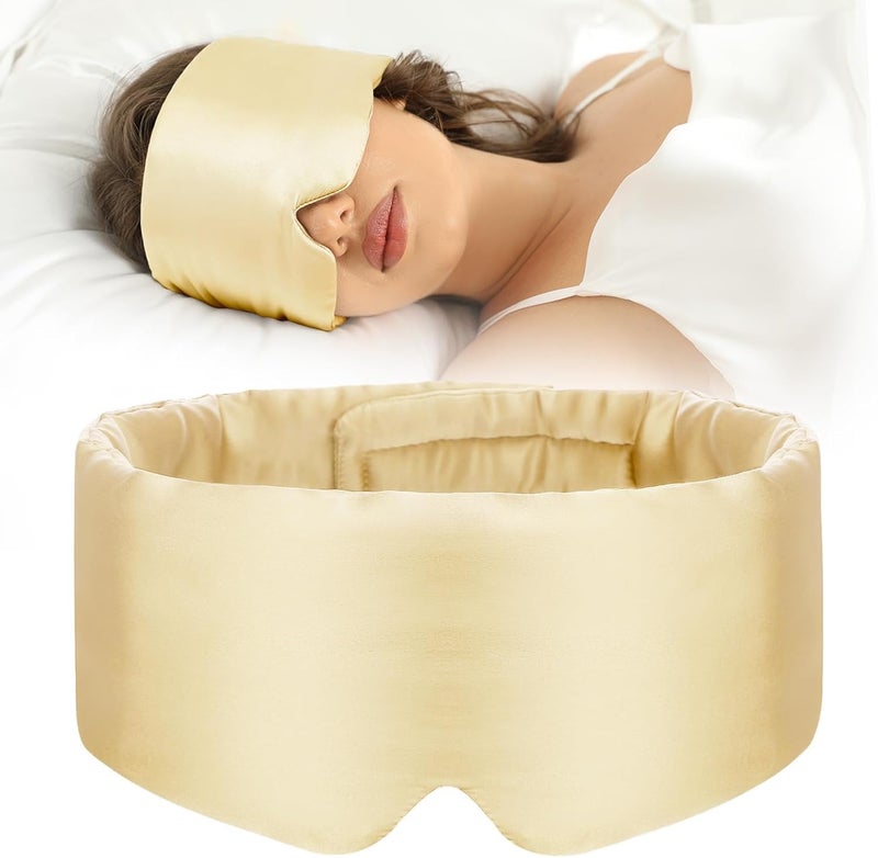 Soft Sleep Mask, Blackout Eye Mask for Side Sleepers, Women Men Sleeping Mask, Anti-Wrinkle & Softer Than Real Mulberry Silk Eye Cover, Satin Blindfold with Adjustable Band, Gold